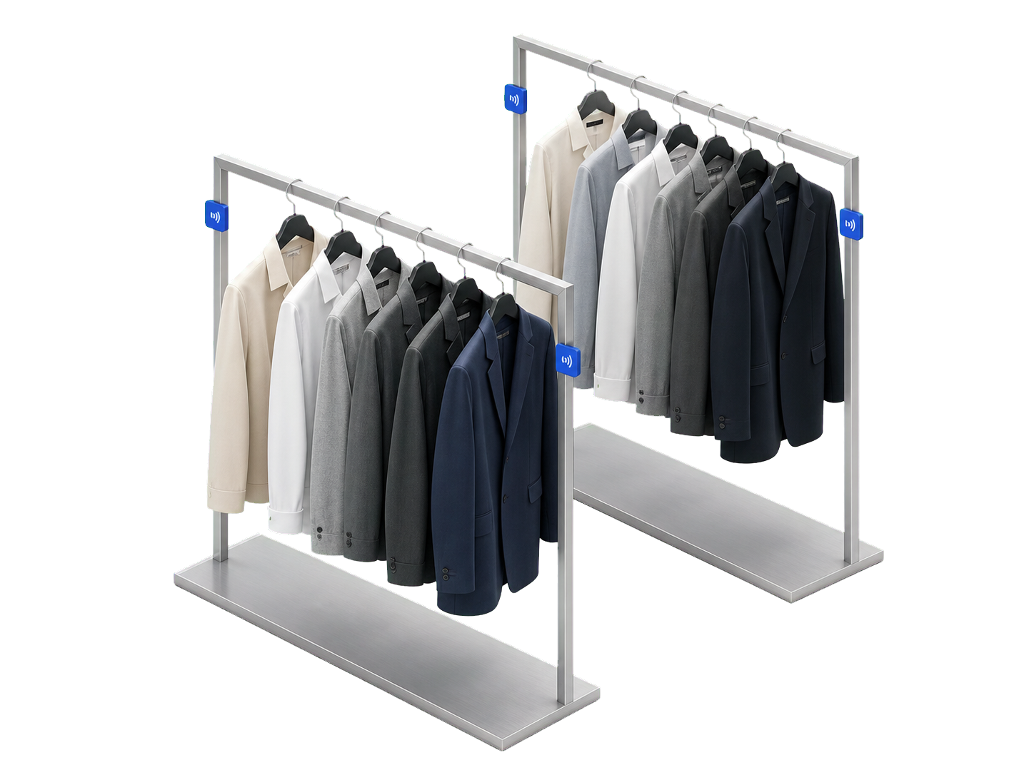 Two clothing racks with jackets and Pathway tap tags